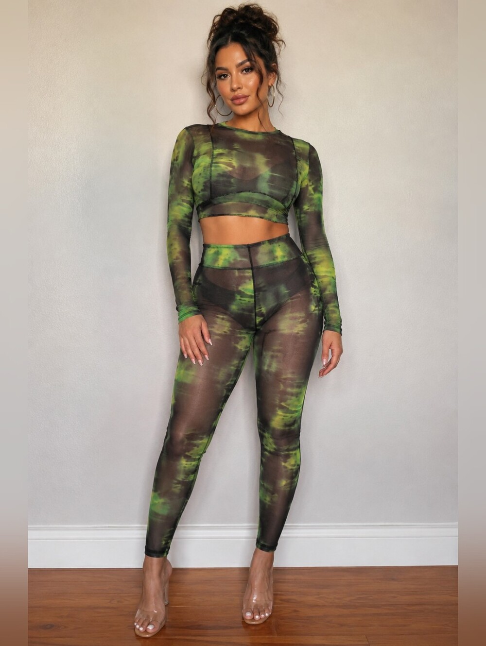 Pretty Little Thing Sexy Sheer Outfit Green Tie-Dyed Mesh Crop Long Sleeves 2